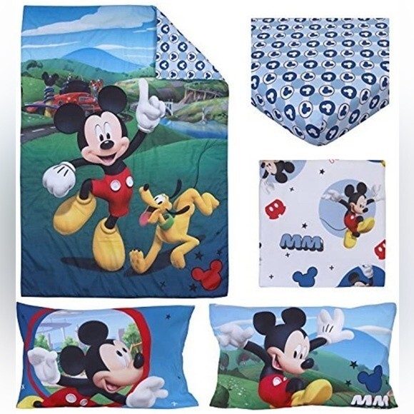 Disney 4 Piece Toddler Bedding Set Mickey Mouse Playhouse Blue/White- 52" x 28" - Picture 1 of 16